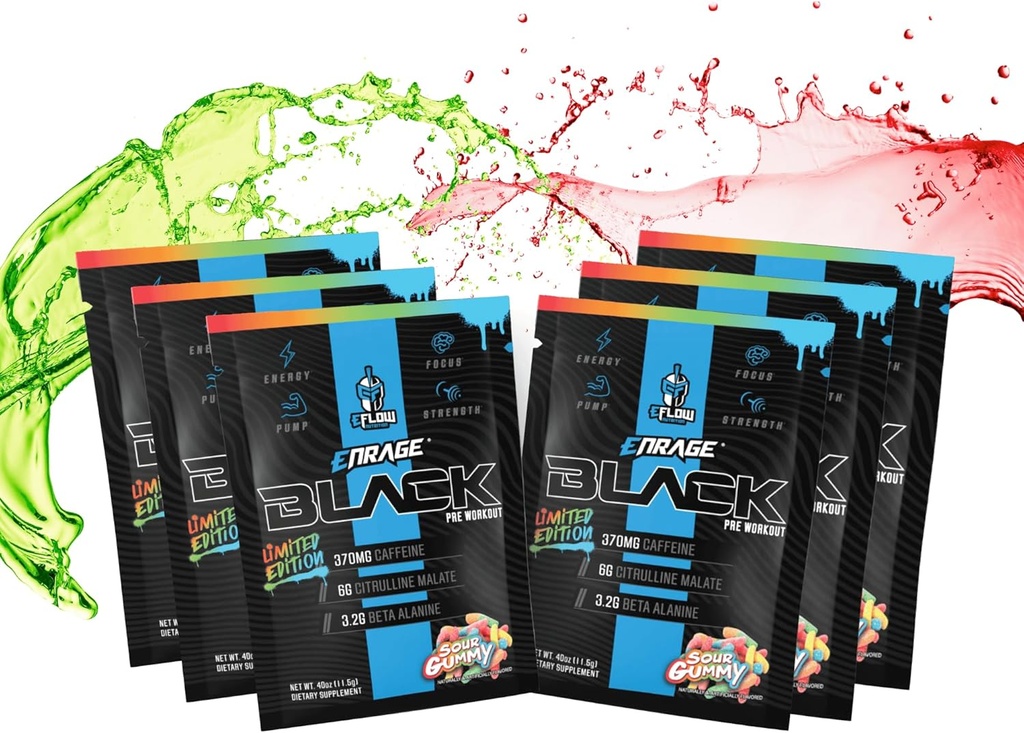 eFlow Nutrition ENRAGE Black Sour Gummy Preworkout Sample Packs - Travel Packs - High Stim Energy, Pump, Strength, Endurance, Focus, Nootropic Formula - Sour Gummy Flavor (6 Packs)