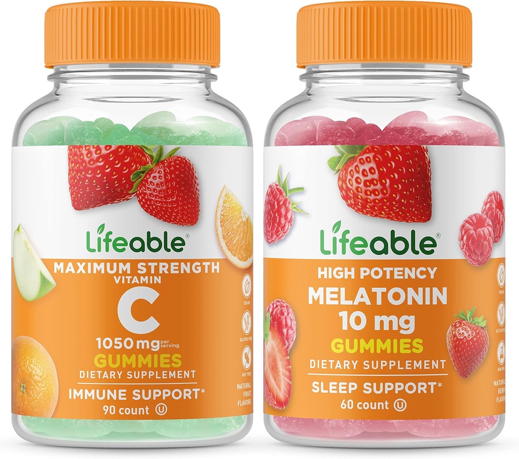 Lifeable Vitamin C 1050mg + Melatonin 10mg, Gummies Bundle - Great Tasting, Vitamin Supplement, Gluten Free, GMO Free, Chewable Gummy