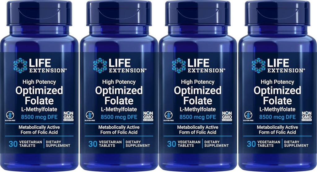 Life Extension High Potency Optimized Folate 8500 mcg DFE, 30 Vegetarian Tablets (Pack of 4)