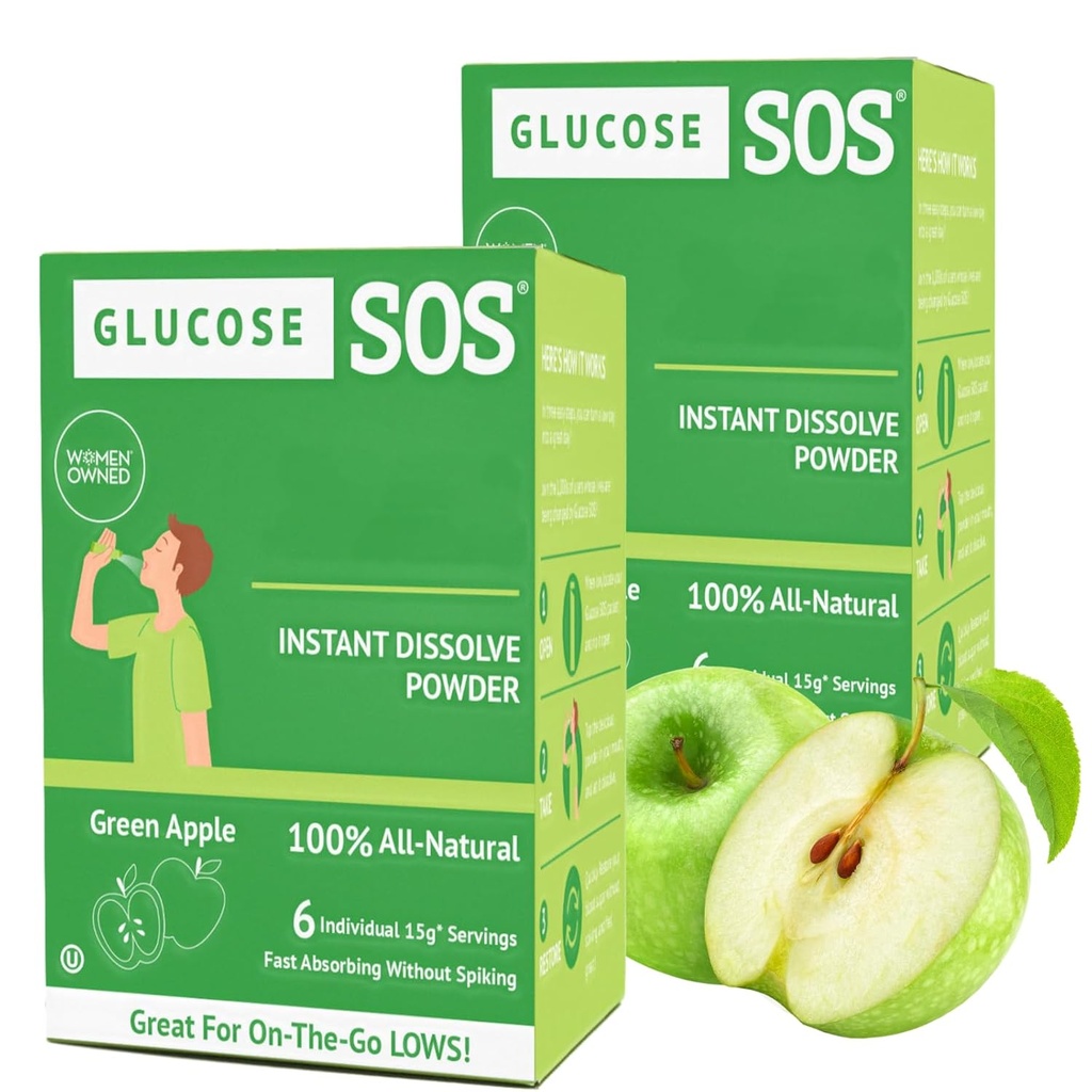 Glucose SOS Glucose Powder Packets with Natural Dextrose, Fast-Absorption That Instantly Dissolves in Your Mouth with No Water Needed, Green Apple 12 Servings