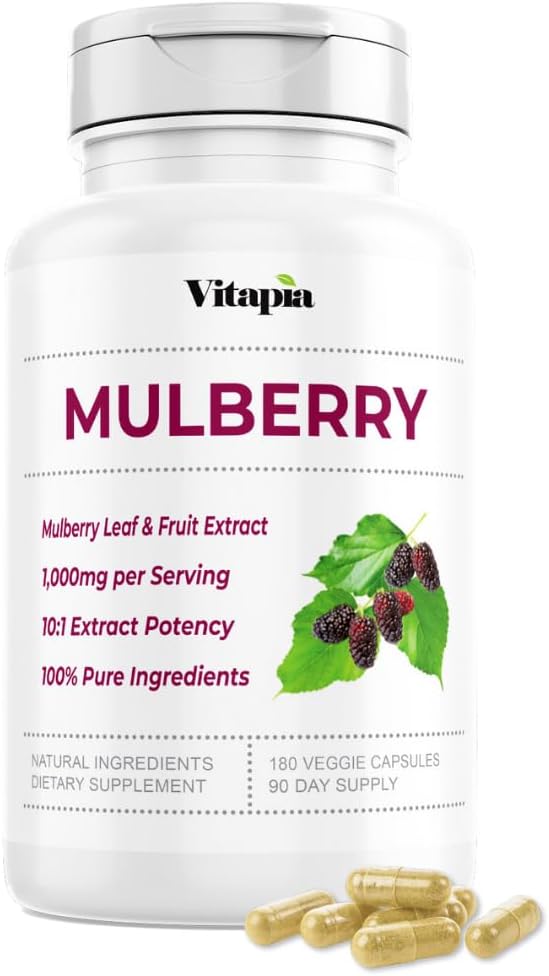 Vitapia Organic Mulberry Leaf & Fruit Extract for Strong Gut, Heart Health, Antioxidant Support - 10:1 Ratio & 180 Veggie Capsules - Non-GMO, Gluten-Free, Vegan-Friendly Supplement