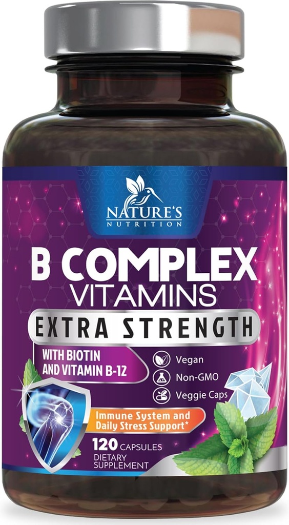 B Complex Vitamins Capsules - with Vitamin B12 B6 B100 C Biotin Folate & Folic Acid - Supplement for Heart, Brain, & Nerve Support - Super Complete B-Complex for Immune & Energy Support - 120 Capsules