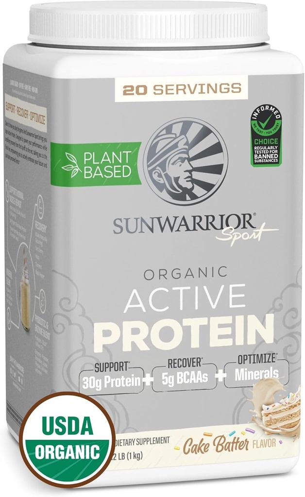 Sunwarrior Organic Plant Based Protein Powder | Vegan Organic Protein Powder with BCAA Amino Acids Plus Recovery Minerals & Botanicals | Non-GMO Soy Dairy & Gluten Free (Cake Batter, 20 Servings)