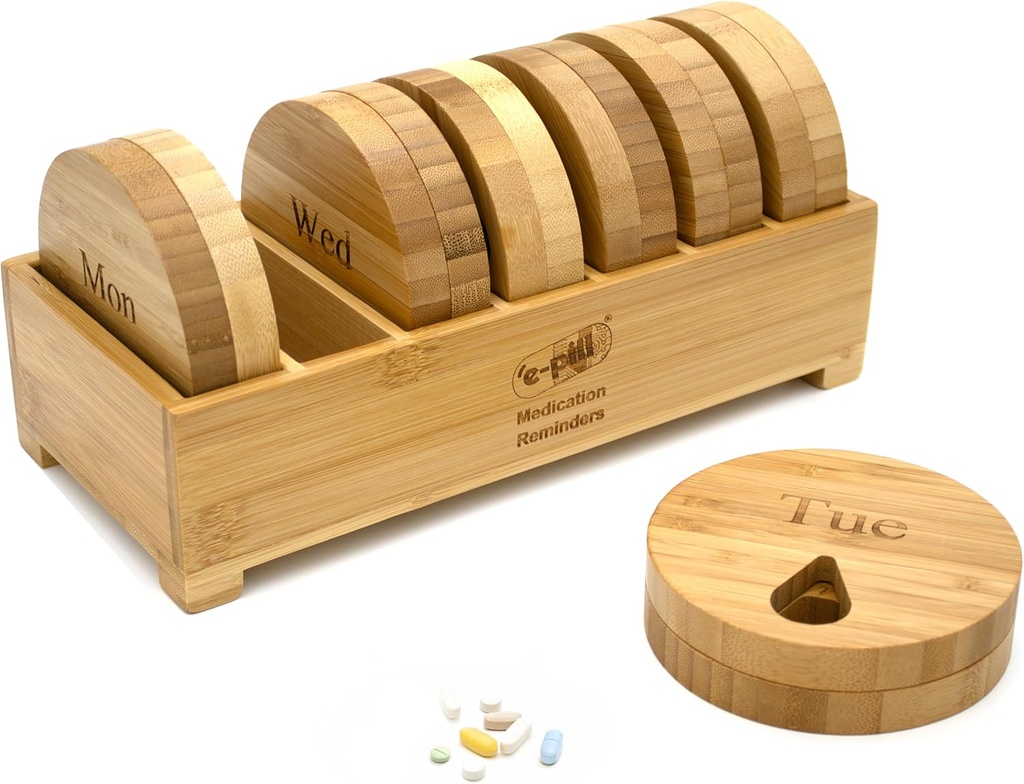 e-Pill Bamboo Weekly Pill Organizer, 7 Day Pill Box for Tablets, Vitamins or Supplements