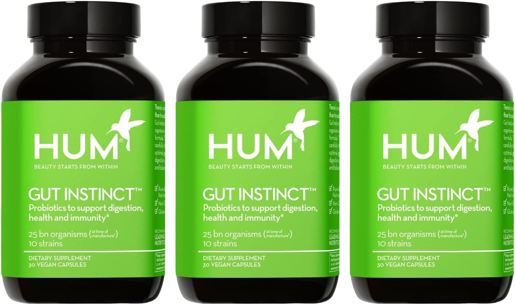 HUM Gut Instinct Daily Probiotics for Women and Men, Digestive Health, Lactobacillus, Bifidobacterium Strains for Immune Support, Probiotic Supplement for Healthy Gut Diversity, 90 Capsules