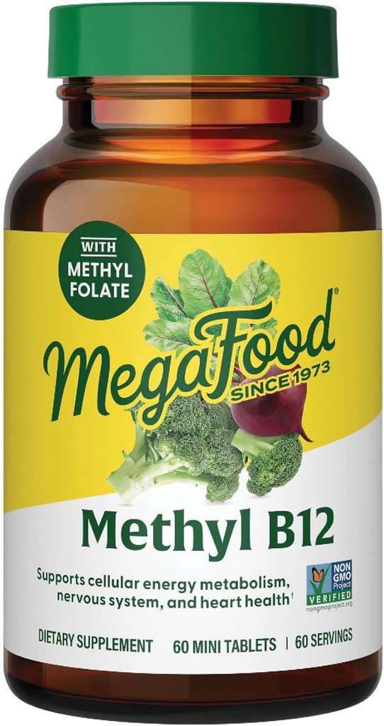MegaFood Methyl B12 - Vegan - Includes Methyl Folate, Vitamin B12 & B6 - Supports Cellular Energy Production, Nervous System Health & Cardiovascular Function - 60 Tablets