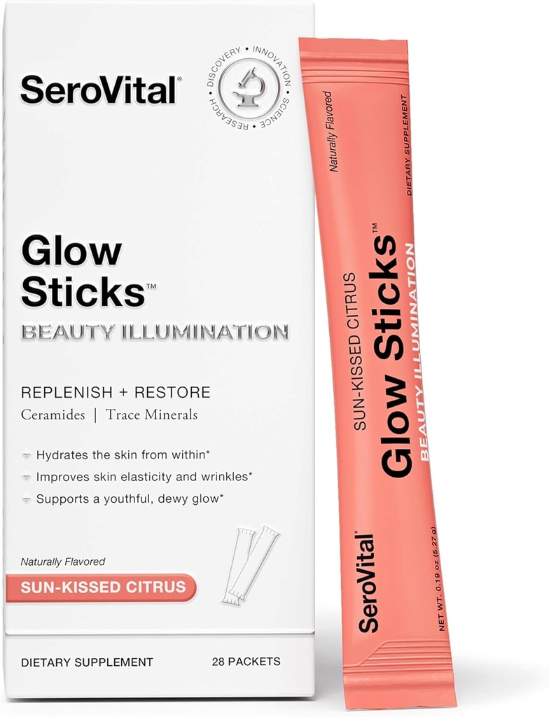 Serovital Glow Sticks Sugar-Free Powder Drink Mix with Hyaluronic Acid Ceramides Electrolytes for Skin Hydration in 14 Days Sun-Kissed Citrus Flavor 28 Packets