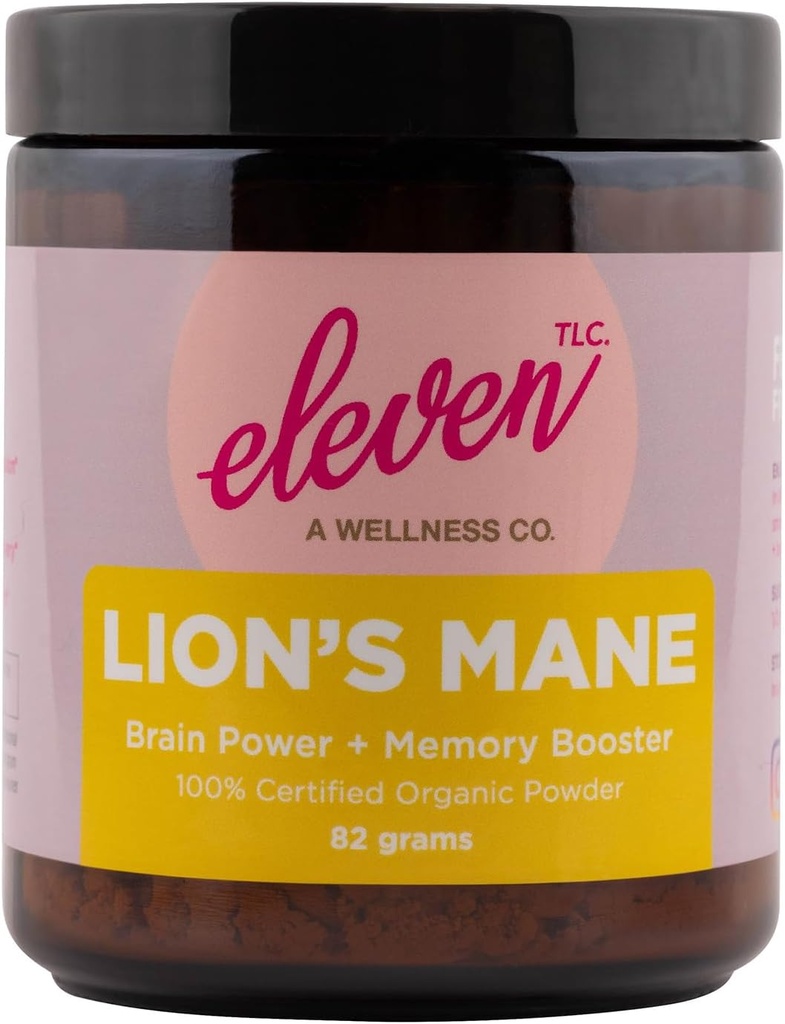 Eleven TLC, Lion's Mane Mushroom Powder Organic, US Grown and Tested, Full Spectrum Fruiting Body., Alpha Brain and Immune Super Food, Non-Reactive Glass Jar, 40 Servings