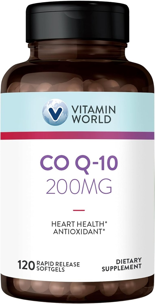 Vitamin World CoQ10 200 mg Softgels, Coenzyme Q10 Supplements for Antioxidant Support, Heart Health & Energy Production, Gluten Free, 120 Rapid Release Softgels