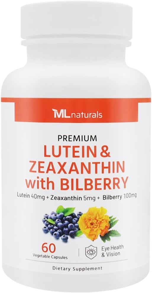 ML Naturals Premium Lutein & Zeaxanthin with Bilberry 60 Vegetable Capsules. Lutein 40 mg, Zeaxanthin 5 mg, and Bilberry 100 mg. Premium Quality. Healthy Eyes & Vision, NSF-Certified & cGMP-Compliant