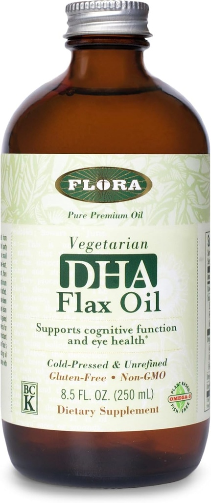 Flora DHA Flax Oil - Supports Brain Health - Contains Vegan Omega-3-6-9, Gluten-Free, Kosher & Non-GMO - Keep Chilled - Glass Bottle - 8.5 fl. oz.