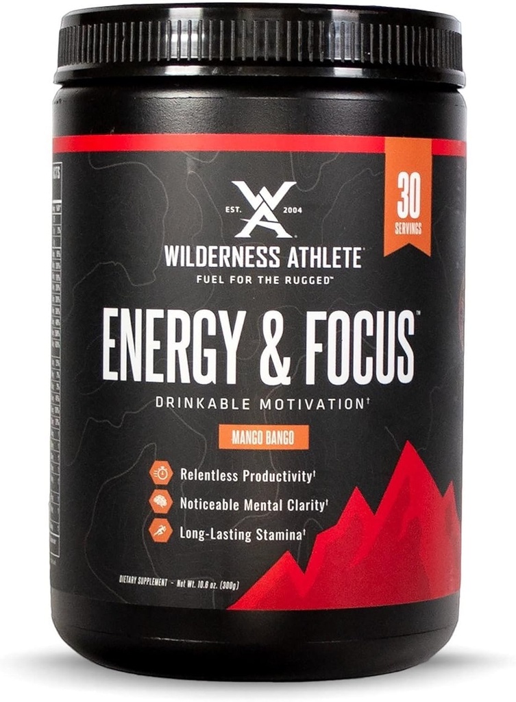Wilderness Athlete - Energy & Focus | Energy Booster for Women & Men - Energy Drink Mix with Natural Caffeine - Low-Carb, Zero Sugar Energy Drink Powder - 30 Serving Energy Drink Tub (Mango Bango)