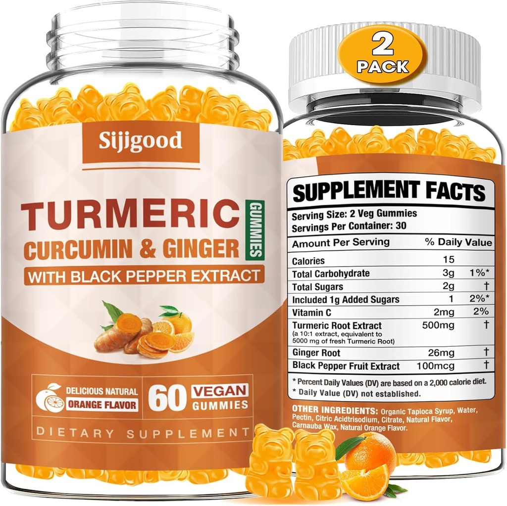 2 Pack Turmeric Curcumin Gummies with Ginger & Black Pepper Herbal Supplement, Immune Support, Healthy Skin, and Joint Health, for Women, Men & Kids - 120 Orange Flavored Gummies
