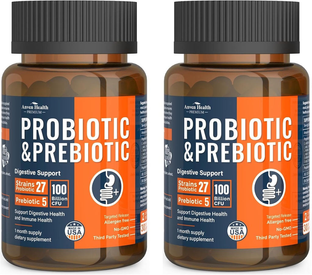100 Billion Probiotics for Men and Women 27 Strains 5 Organic Prebiotics for Gut Digestive & Immune Health, Supports Diarrhea Gas Bloating, Non-GMO, Zero Fillers – Made in USA丨120 Caps
