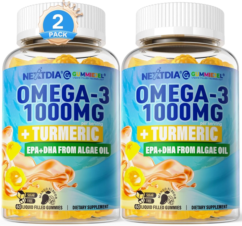 Vegan Omega-3 Gummies 1000mg + Turmeric - Omega 3 Fish Oil Alternative for Adults - Algae DHA 600mg & EPA 300mg, Vitamins A, C, E, Zinc & MSM, Sugar Free, 120 Cts