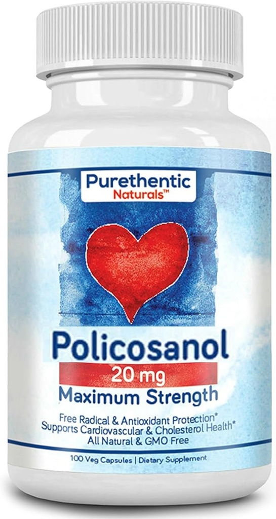 Purethentic Naturals Policosanol 20mg | Supports Cardiovascular & Cholesterol Health* | Free Radical & Antioxidant Protection* | from Pure Sugar Cane with No Unnecessary Fillers | 100 Veg Capsules