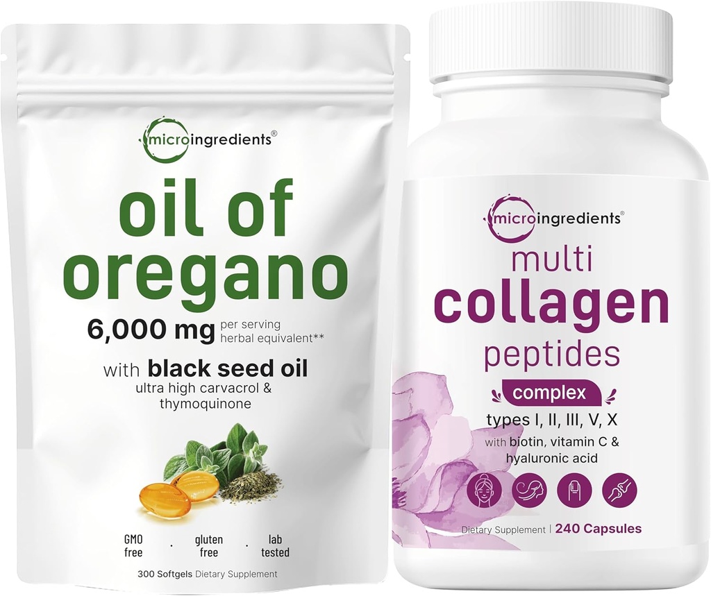 Micro Ingredients Oil of Oregano Softgels 6,000mg Per Serving & Multi Collagen Complex Bundle Pack | 4X Strength Carvacrol & Thymoquinon | Grass-Fed Collagen Peptides