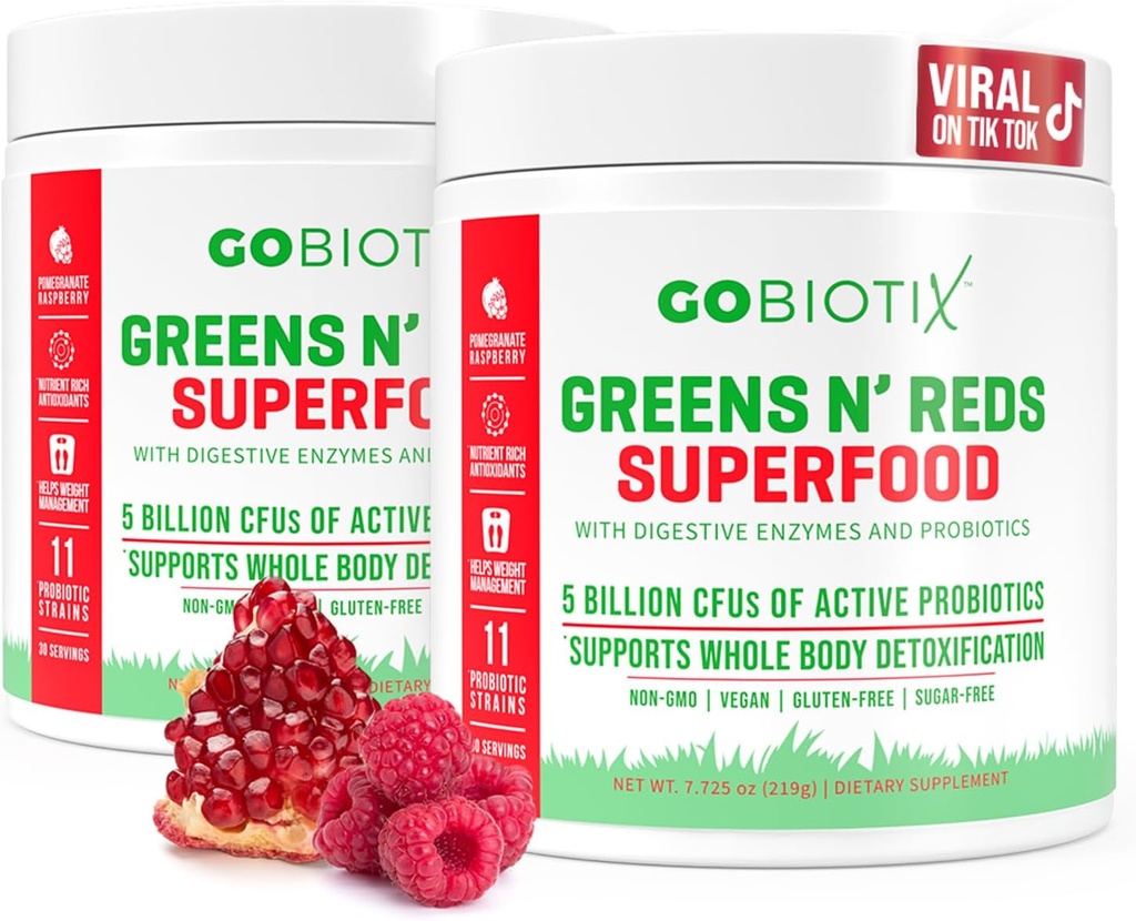GOBIOTIX Greens Powder - Superfood with Greens and Reds - Probiotic Supplement - Digestive Enzymes and Beet Root Powder - Organic Whole Foods Dietary Supplement (Pom Raspberry, 2 Pack)