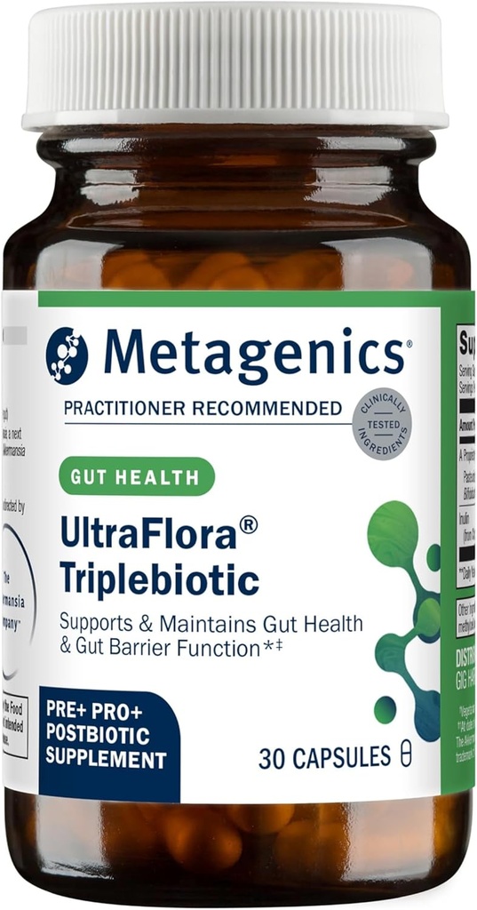 Metagenics UltraFlora Triplebiotic - Prebiotic, Probiotic & Postbiotic Blend with Akkermansia for Gut Health* - Supports Digestive Balance, Microbiome & Immune Function* - Shelf-Stable - 30 Capsules