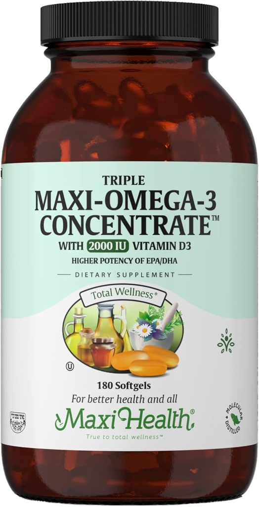 Maxi Health Triple Omega-3 Concentrate - Fish Oil - 2000 IU Vitamin D3-180 Capsules - Kosher