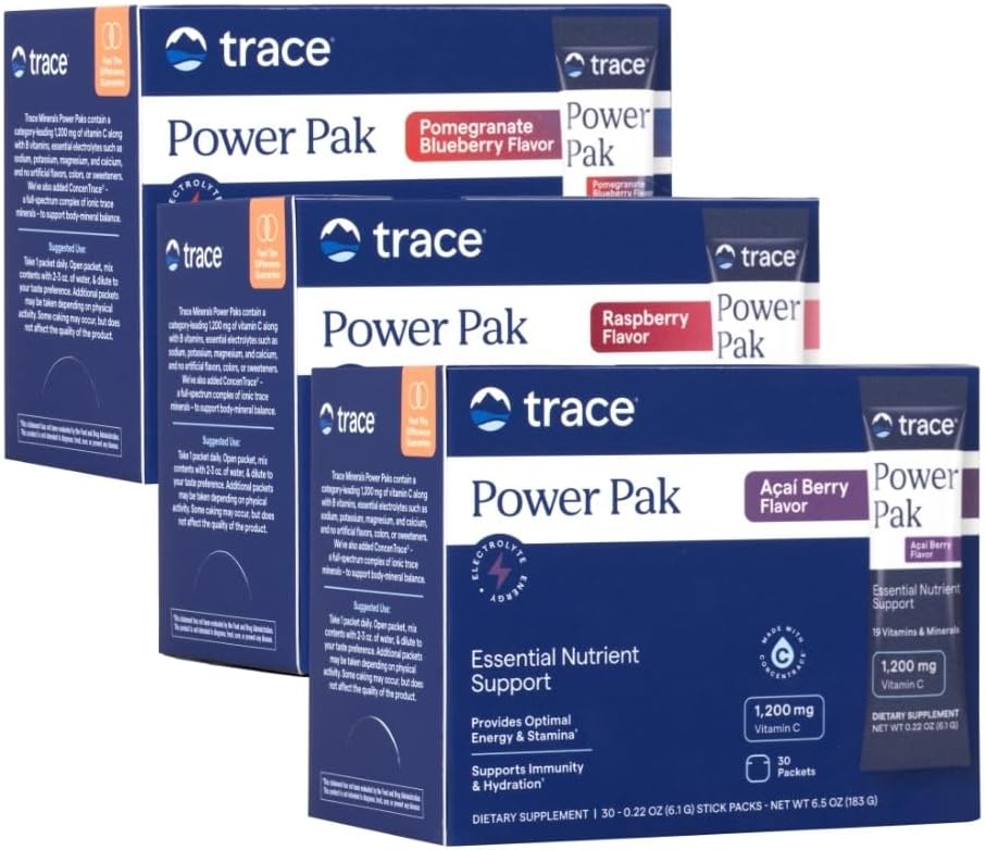 Trace Minerals Power Pak Multivitamin and Multimineral Packets - Electrolyte Support - 1200 mg Vitamin C plus 70+ Trace Minerals - Raspberry, Acai Berry and Blueberry Pomegranate Variety - 90 Packets