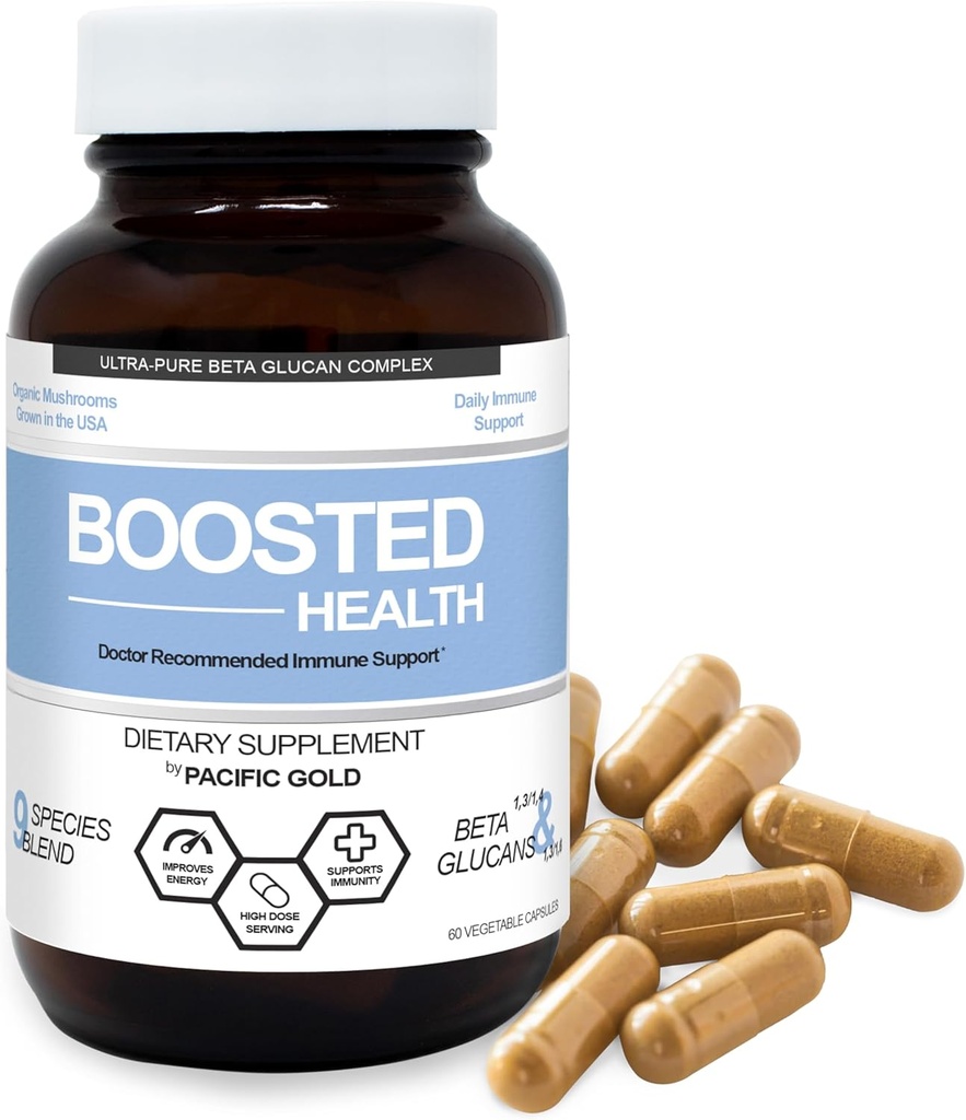 Boosted Health 9 Mushroom Complex Immune Support Supplement | Lions Mane Reishi Shiitake | Purified Beta Glucan | Brain Nootropic for Focus and Memory | Mental Clarity | Certified Organic 60 Capsules