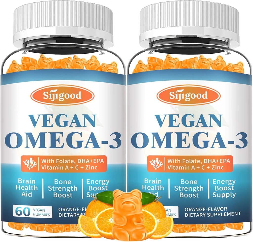 2 Pack Omega-3 Gummies Potent Algae Omega Source, Boost Brain, Eye & Immune Function, with DHA and EPA Vegan & Sugar Free, Orange Flavor, 120 Count