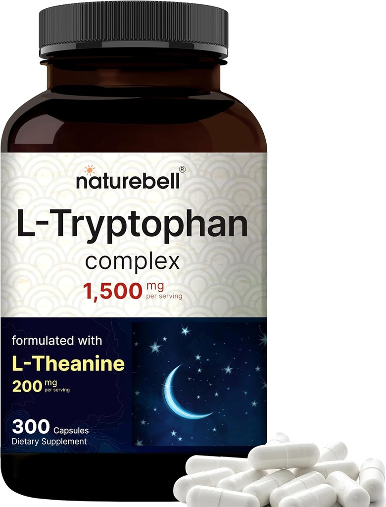 NatureBell L Tryptophan 1300mg with L Theanine 200mg, 300 Capsules | Active Free Form, Plant Based Supplement – Calm Formula, Supports Relaxation – Non-GMO & No Gluten