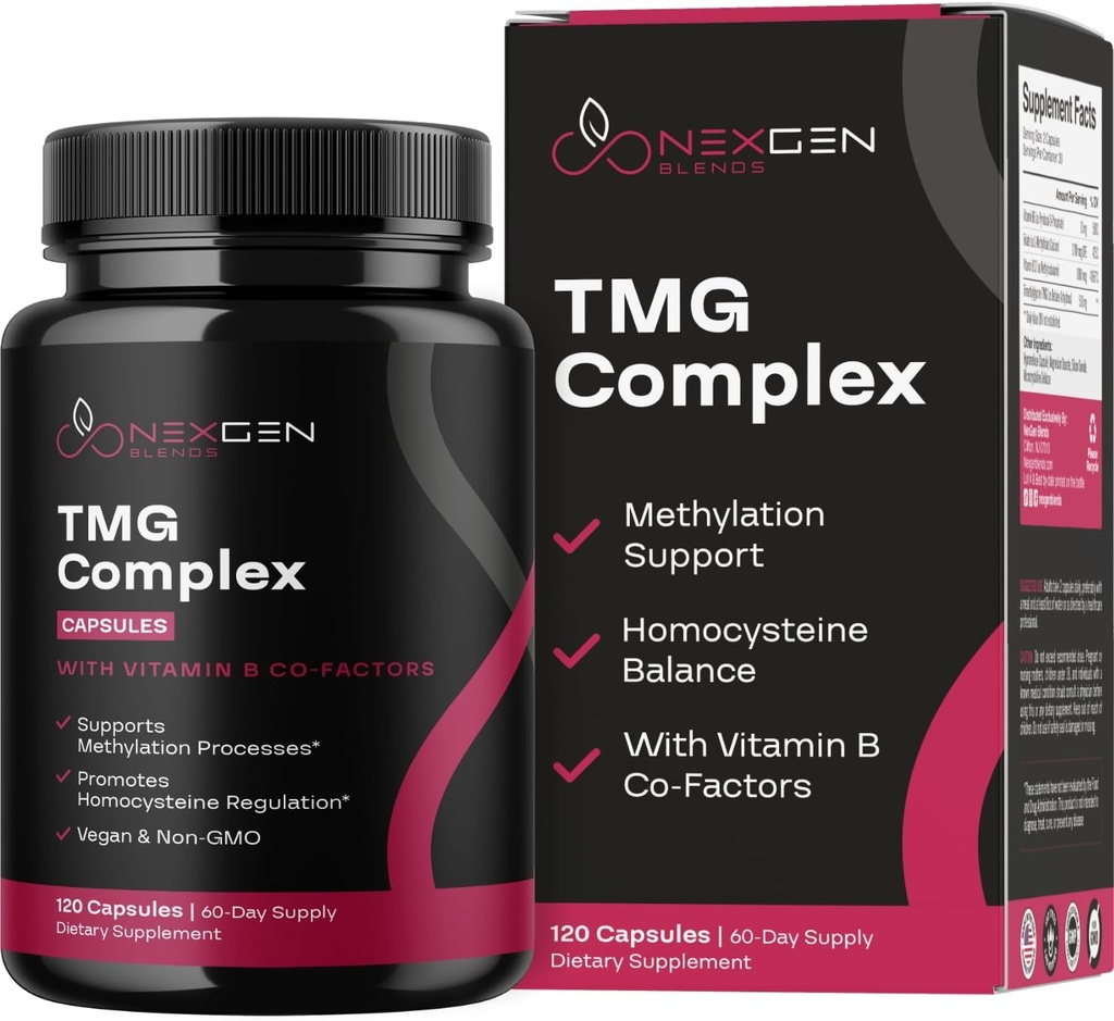TMG Trimethylglycine Supplement with Methyl B Complex - 500mg Betaine TMG Supplement with Methylated Vitamin B Co Factors for Homocysteine Heart & Liver Support - Vegan & Non-GMO (2 Month Supply)