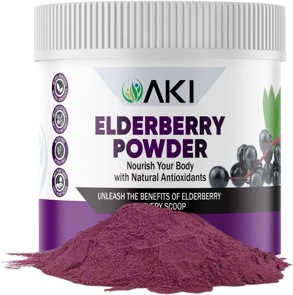 AKI Elderberry Powder | Nourish Your Body with Ideal Vitamins & nutrients | Powder for Smoothies Oatmeal Yougurt - Non-GMO 5.30 Oz / 150 g