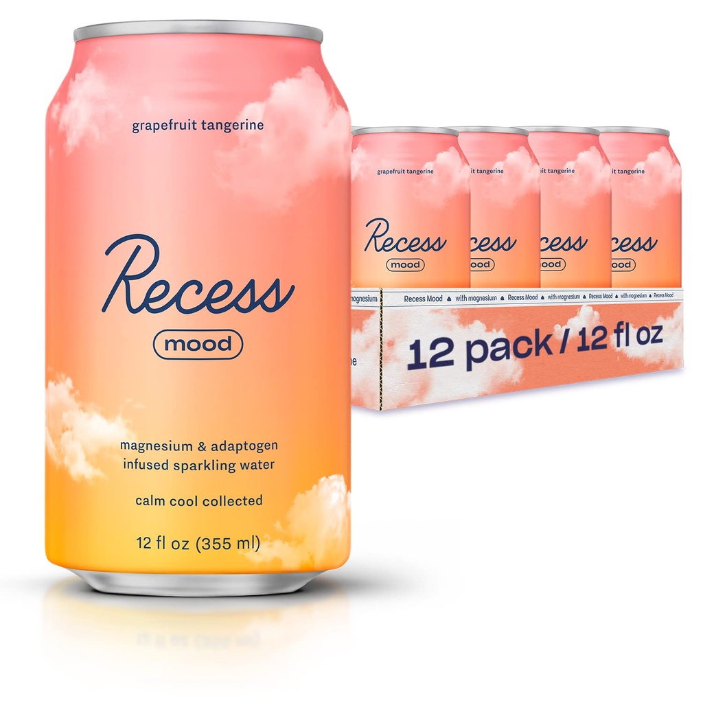 Recess Mood Magnesium & Adaptogen Drink, Relaxation Beverage, 12 ounce (Grapefruit Tangerine, 12 pack)