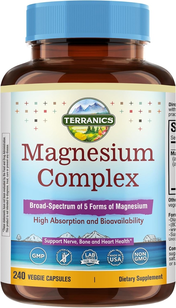 Terranics 5-in-1 Magnesium Complex Supplement 500mg - 5 Forms High Absorption Magnesium Glycinate Citrate Malate Aspartate Gluconate for Sleep Heart Health - Non-GMO 240 Vegan Capsules