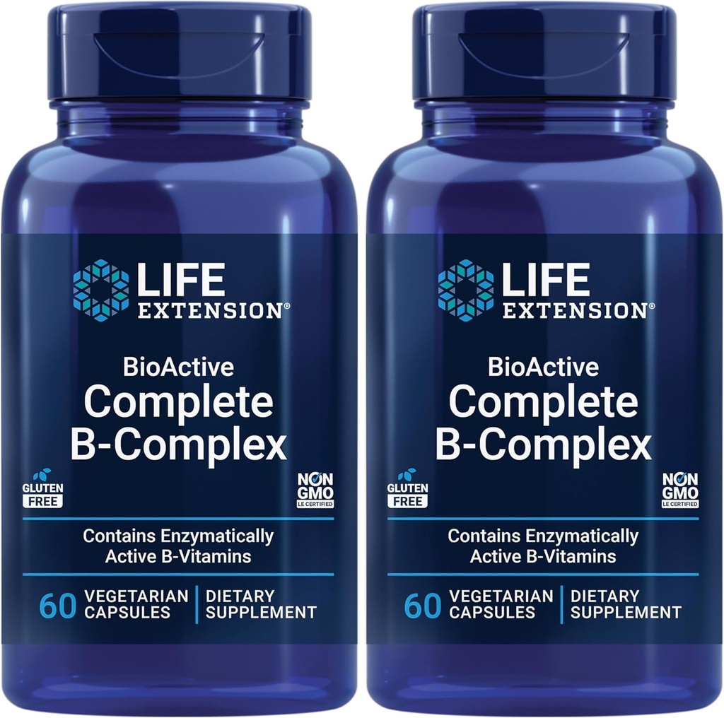 Life Extension Bioactive Complete B-Complex, Heart, Brain and Nerve Support, Healthy Energy, Metabolism, Complete B Complex, 60 Vegetarian Capsules (Pack of 2)