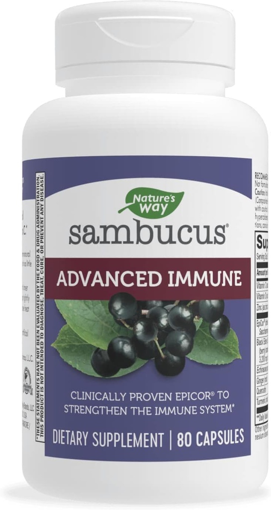 Nature's Way Sambucus Advanced Immune Capsules with Black Elderberry, Vitamin C, Vitamin D, Echinacea and Zinc, Immune System Support with EpiCor*, 80 Capsules