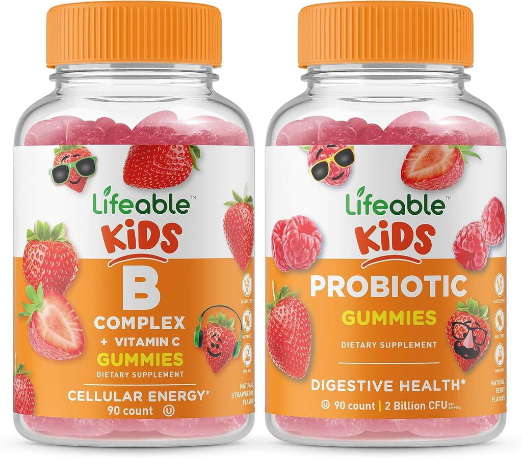 Lifeable B Complex Kids + Probiotic 2 Billion CFU Kids, Gummies Bundle - Great Tasting, Vitamin Supplement, Gluten Free, GMO Free, Chewable Gummy