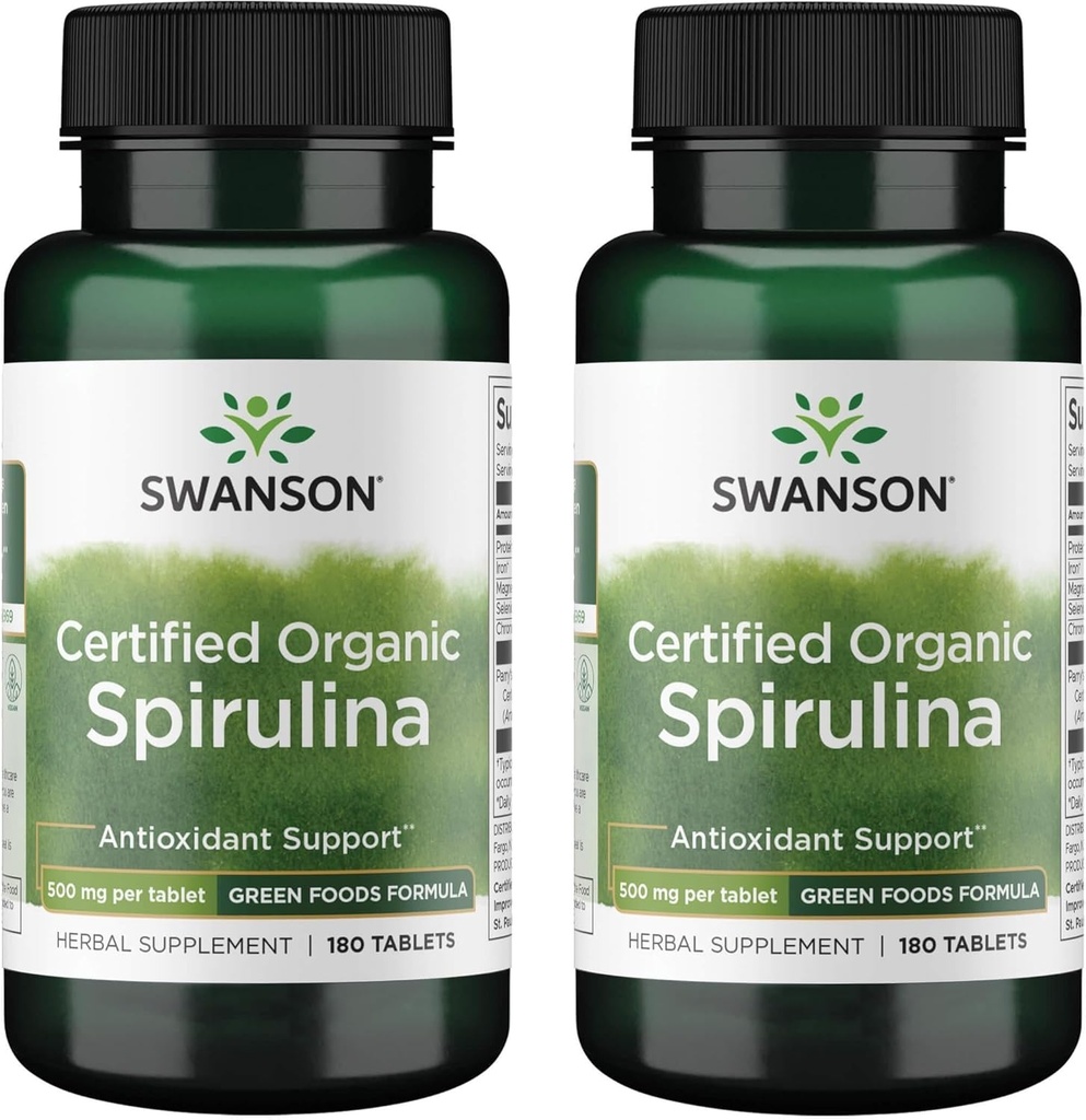 Swanson Certified Organic Spirulina 500 mg 180 Tabs (2 Pack)
