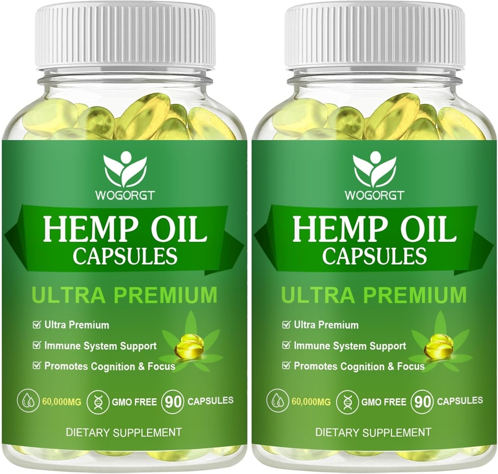 (2Pack) Hemp Oil Capsules - 60,000 Maximum Strength, Immune Support, Focus Calm, Relaxation, Mood, Rich in Omega 3, 6, 9 Fatty Acids - 90 Capsules