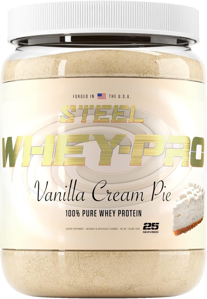 Steel Supplements Whey-Pro | 100% Pure Whey Protein Powder for Men and Women | Vanilla Cream Pie | Muscle Gain & Lean Muscle Recovery | Gluten Free | 1.65 lbs | BCAA 5g | Non-GMO | 25 Servings