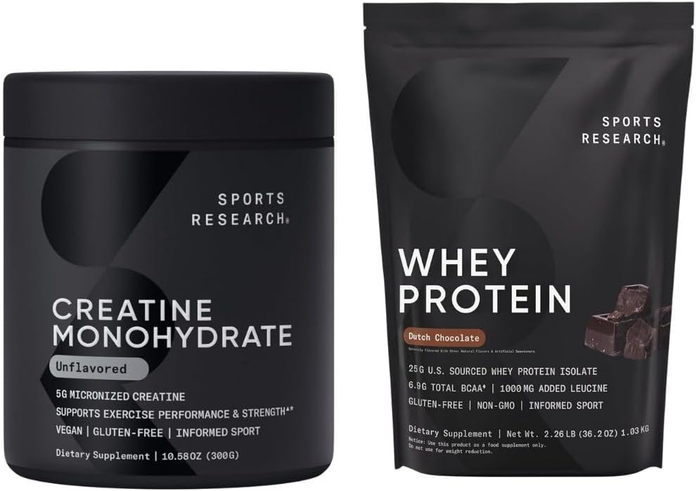 Sports Research Creatine Monohydrate (10.58 oz) and Dutch Chocolate Whey Protein (2 lbs), The Dynamic Duo for Lean Muscle Building, Improved Performance and Strength & Workout Recovery