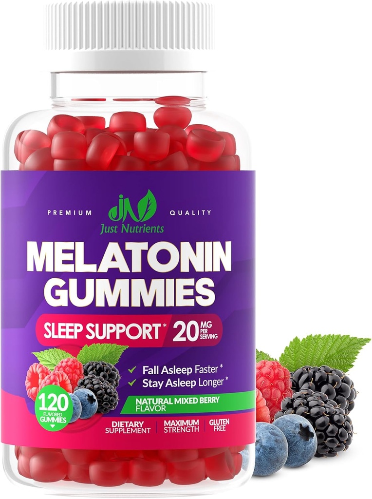 Melatonin 20mg Gummies for Adults (120 Count) - Maximum Strength Sleep Support with 10mg of Melatonin Per Gummy - Gluten-Free, Non-GMO, Vegetarian, Great Tasting Mixed Berry Flavor - 60 Servings