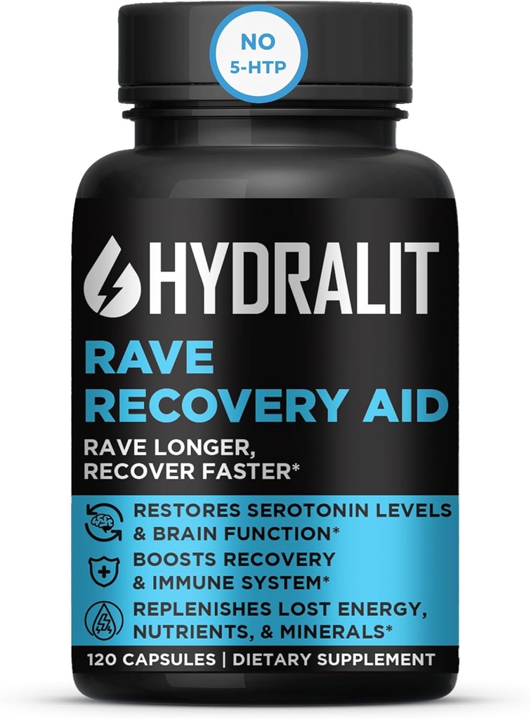 Rave Recovery Aid Vitamins After Party Relief Pills Music Festival Accessories Rave Essential No 5-HTP Supplement Electrolytes Hydration Better Mornings Serotonin Energy Hangover 120 Capsules