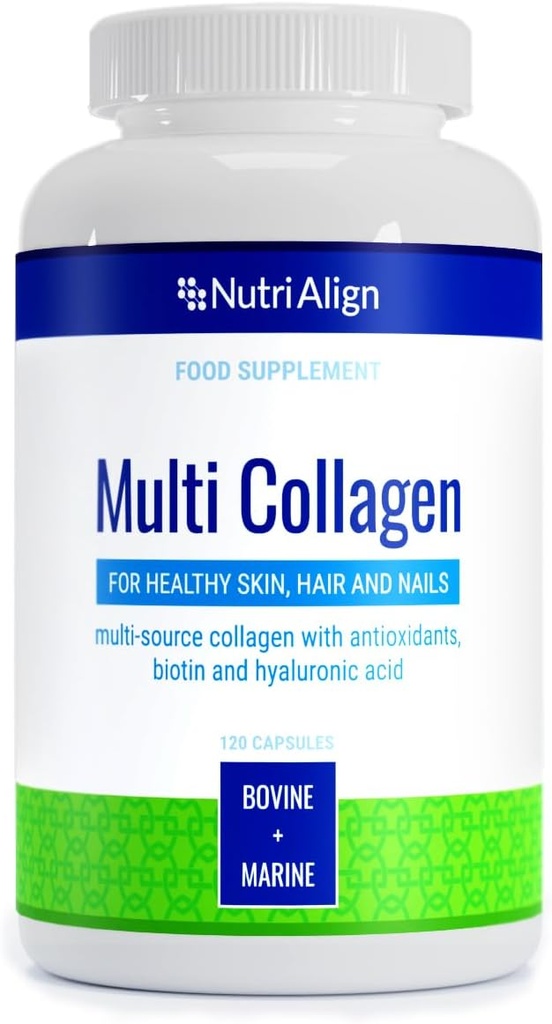 Nutri-Align Multi Collagen | 120 Collagen Peptides Capsules - 600mg Bovine Collagen & 400mg Marine Collagen per Serving | Collagen for Women Hair, Skin & Nails with Vitamins & Amino Acids | Sugar Free