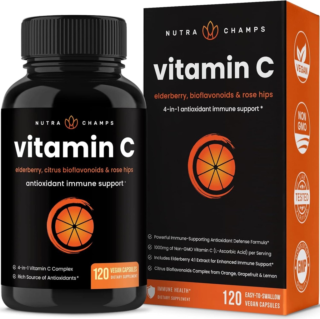 NutraChamps Vitamin C 1000mg with Rose HIPS, Vitamin C Supplement with Elderberry & Citrus Bioflavonoids, Kids Immune Boosting Supplement, 500mg Capsules Pill