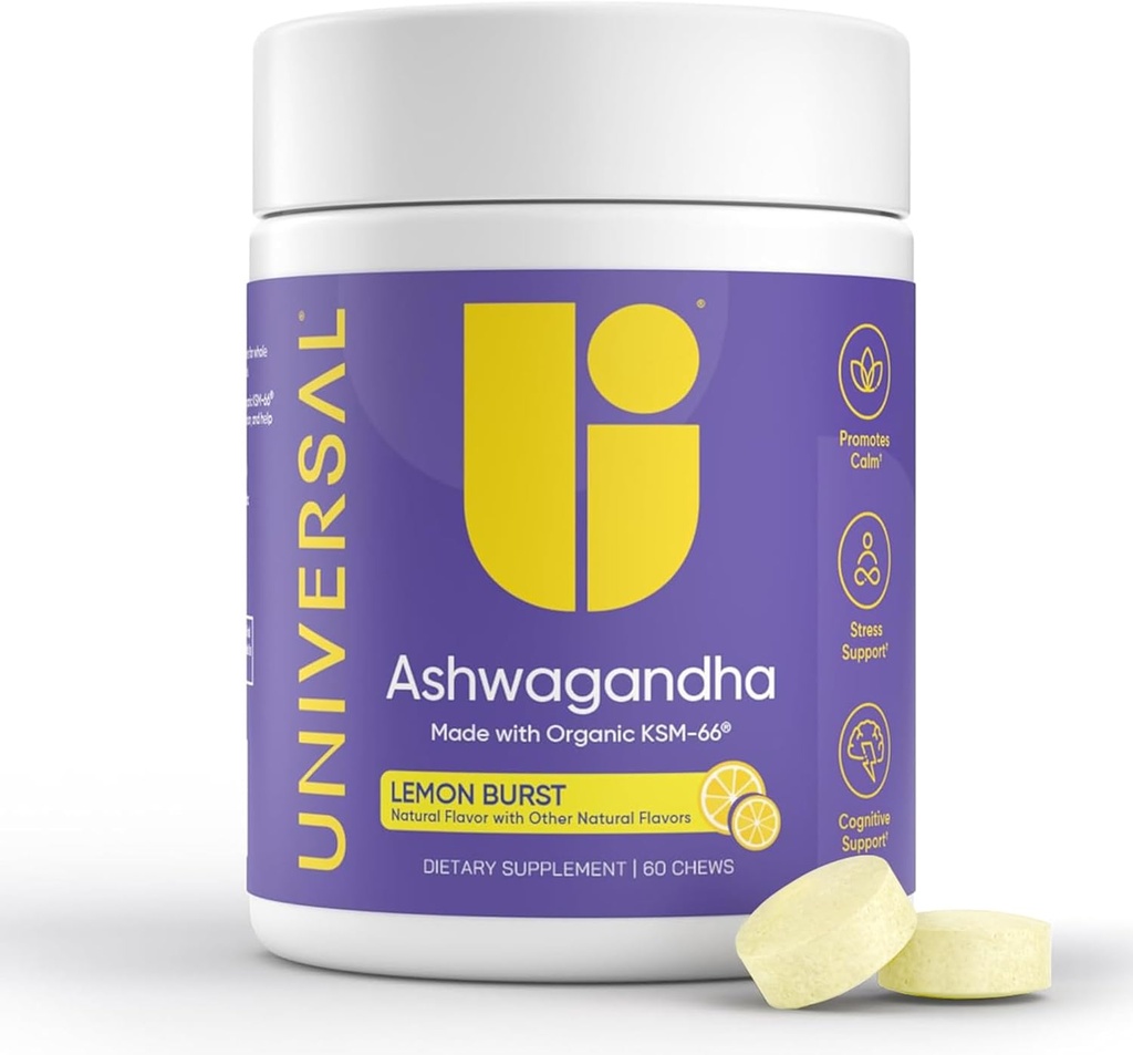 Universal U Calm + Focus Ashwagandha Chews – KSM-66® 300 mg Clinically Studied Extract for Stress Relief, Mood Balance & Calm Energy – Lemon Flavor – 60 Chews