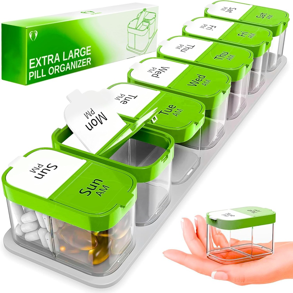 Extra Large Weekly Pill Organizer - XL Vitamin Holder with 7 Detachable AM PM Compartments - Portable Medicine Dispenser for Home and Travel, Big Supplement Container for Weekly or Daily Use, Green