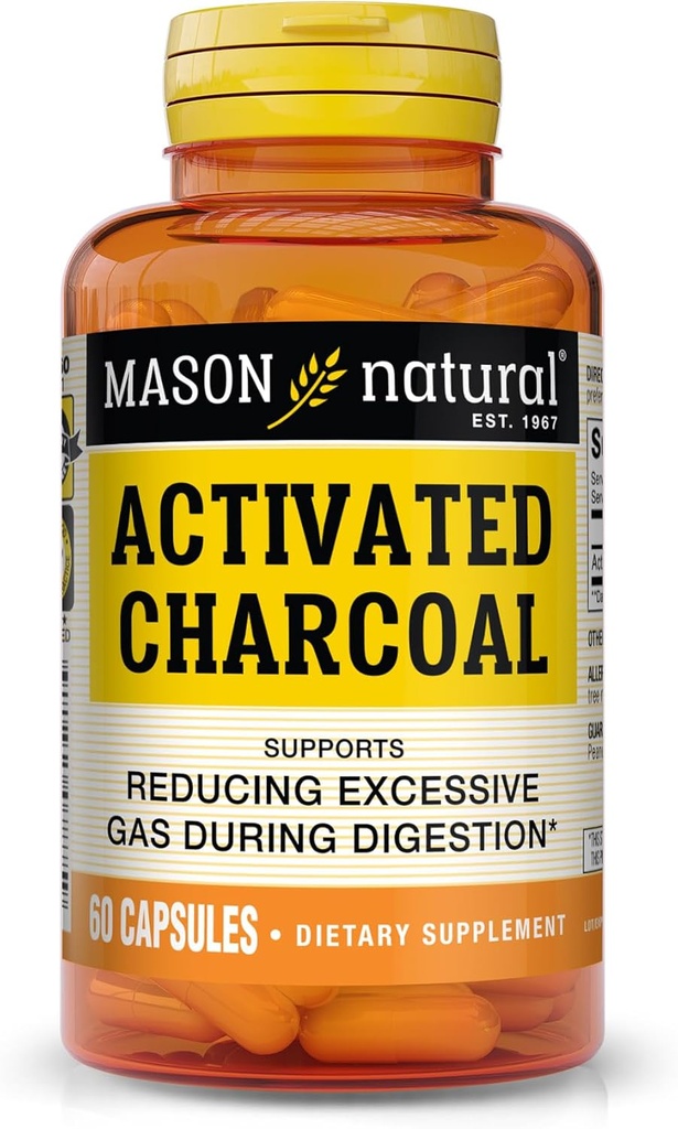 MASON NATURAL Activated Charcoal - Alleviates Gas and Bloating, Promotes Natural Detoxification, Highly Absorbent Supplement, 60 Capsules