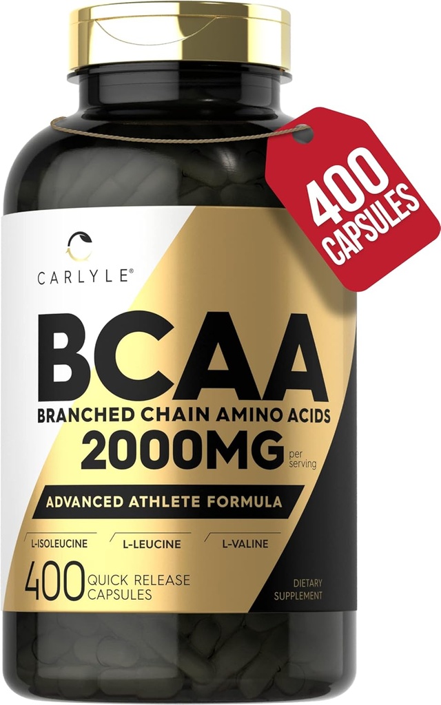 Carlyle BCAA Capsules | 2000mg | 400 Powder Pills | Amino Acids Supplement Blend | for Women and Men | with L-Isoleucine, L-Leucine, L-Valine | Non-GMO and Gluten Free