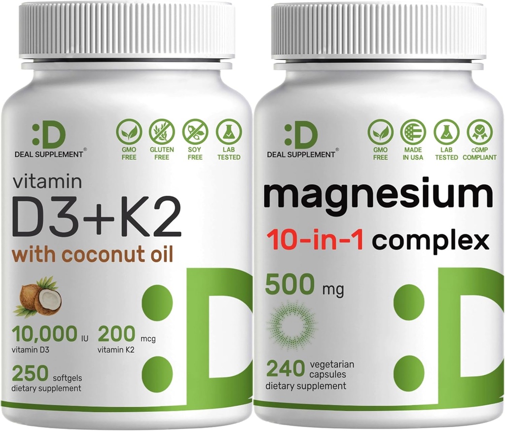 DEAL SUPPLEMENT Vitamin D3 10,000iu + K2 200mcg Softgels & Magnesium Complex Veggie Capsules Bundle – Essential Sunshine Vitamins with Coconut Oil – High Absorption Chelated Minerals, 10-in-1