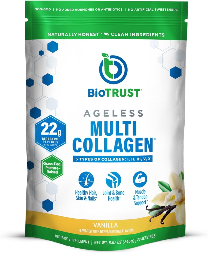 BioTrust Ageless Multi Collagen Peptides Powder – 5 Types (I, II, III, V, X) – Vanilla Collagen Powder for Women & Men – Hydrolyzed Protein – Grass Fed Beef, Fish, Chicken, Eggshell Membrane