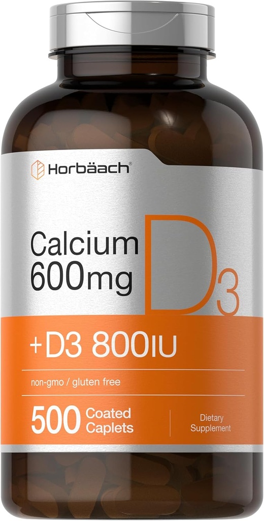 Horbaach Calcium 600 mg with Vitamin D3 | 500 Coated Caplets | for Women and Men | Non-GMO & Gluten Free Supplement